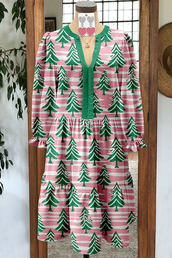 Christmas Tree Striped V-Neck Dress