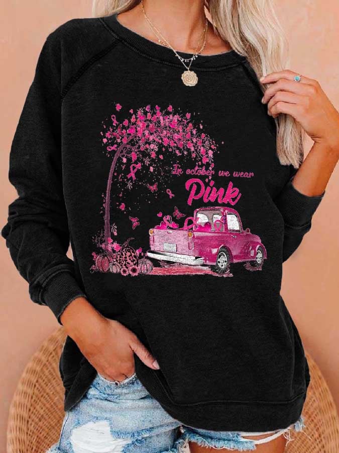 Butterfly Pumpkin In October We Wear Pink Printed Sweatshirt