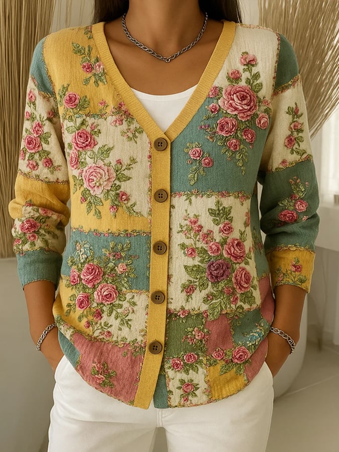 Women's Retro Pink Art Print Cardigan