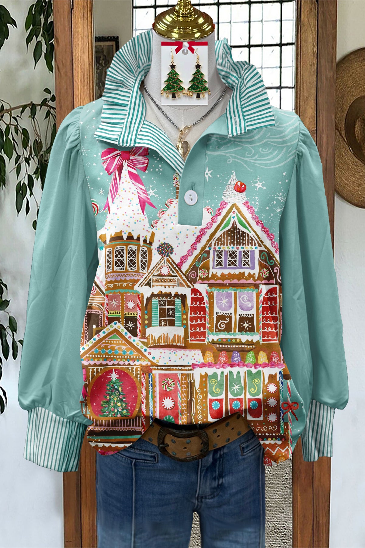 Fresh Christmas Gingerbread House Print Stand Collar Blouse