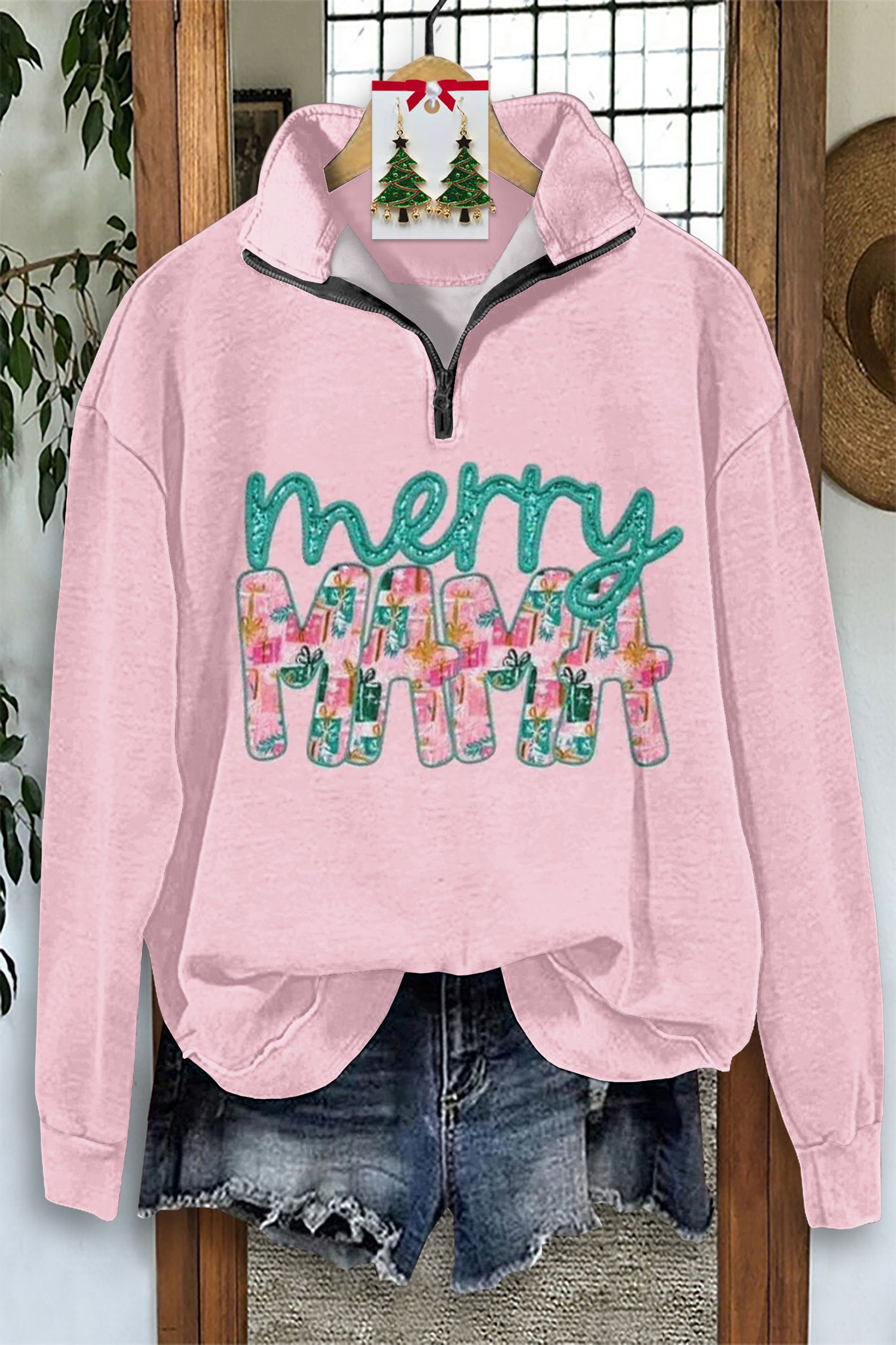 Sweet Merry Christmas MAMA Printed Zip Sweatshirt