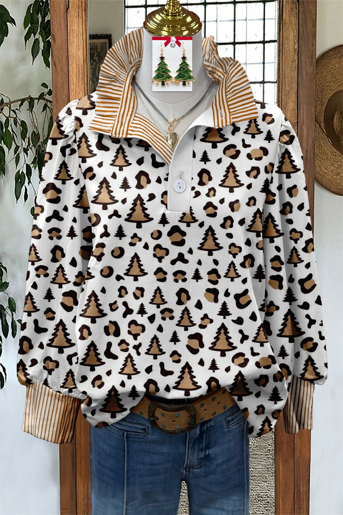 Leopard Christmas Tree Print Striped Stand Collar Blouse