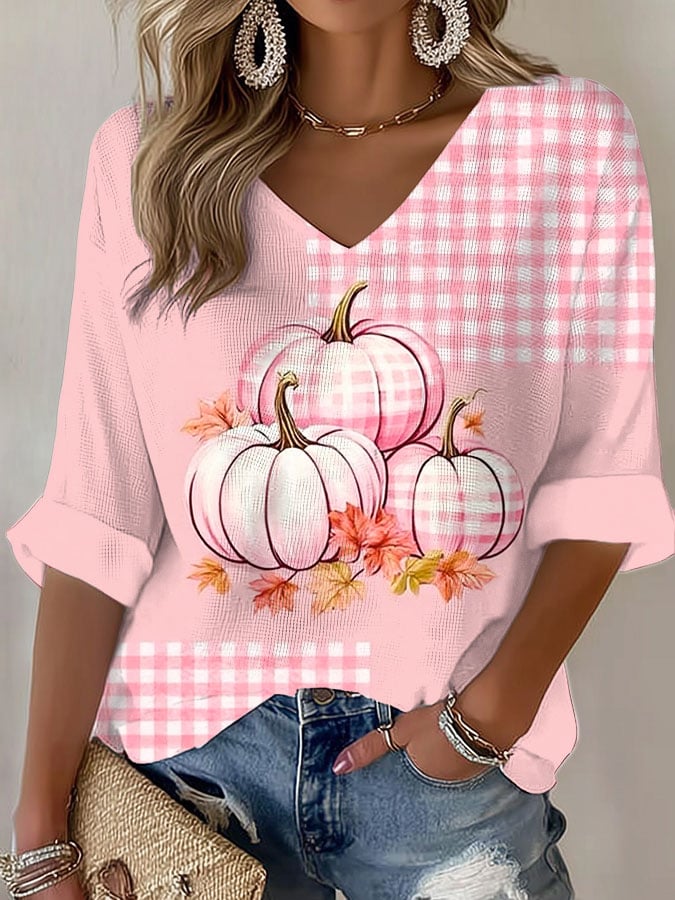 Women's Casual Breast Cancer Awareness Pumpkin Long Sleeve T-Shirt