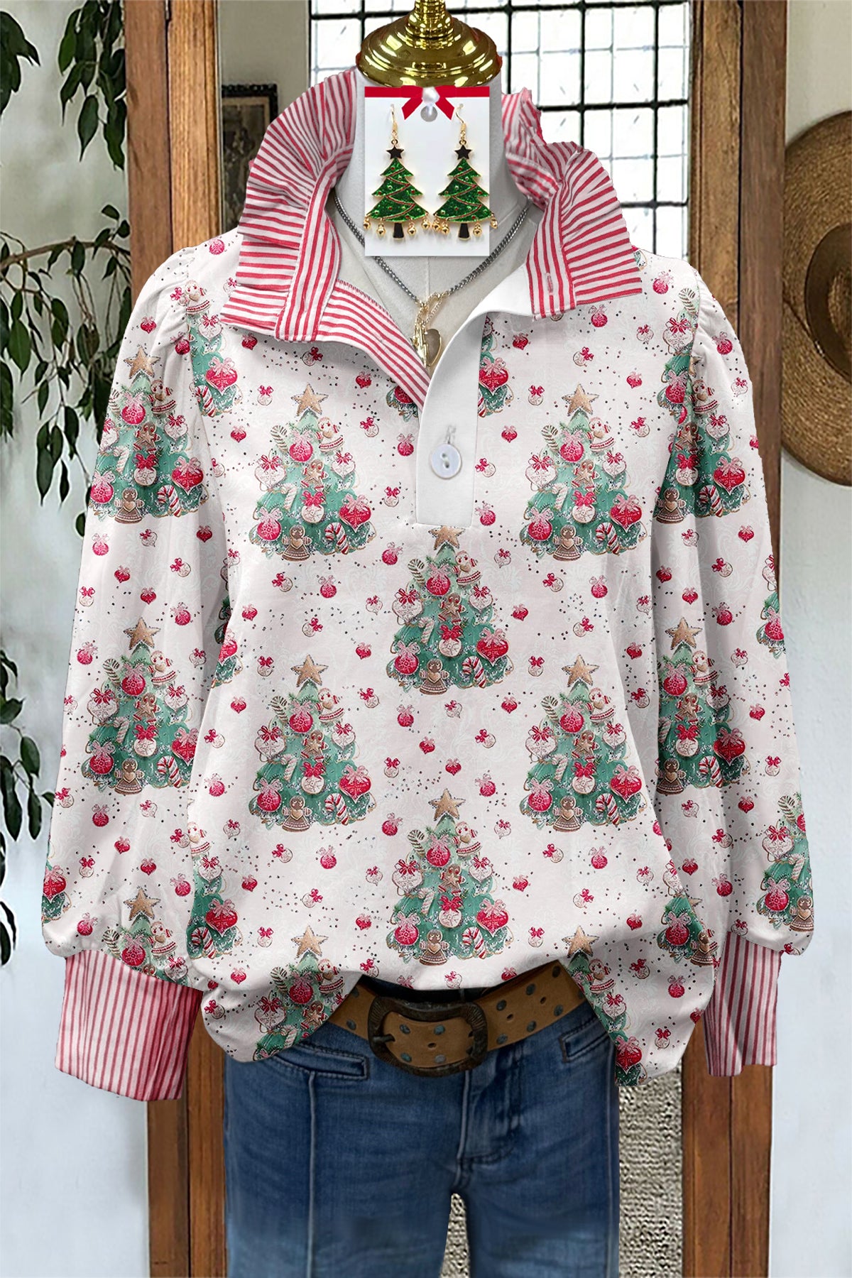 Sweet Christmas Tree Print Stand Collar Blouse