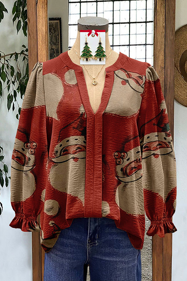 Vintage Santa Claus Print V-Neck Long Sleeve Blouse
