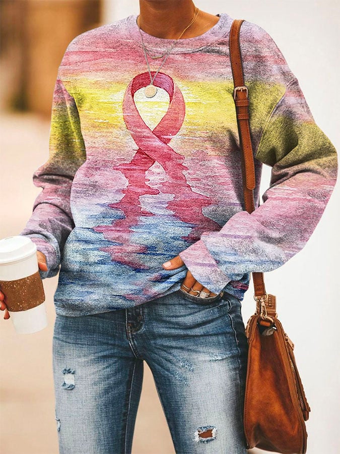 Women's Casual Pink Ribbon Breast Cancer Art Print Long Sleeve Sweatshirt