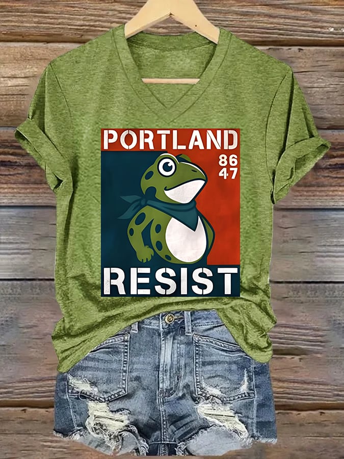 V-neck Women's  Portland Frog 8647 resist Print T-Shirt