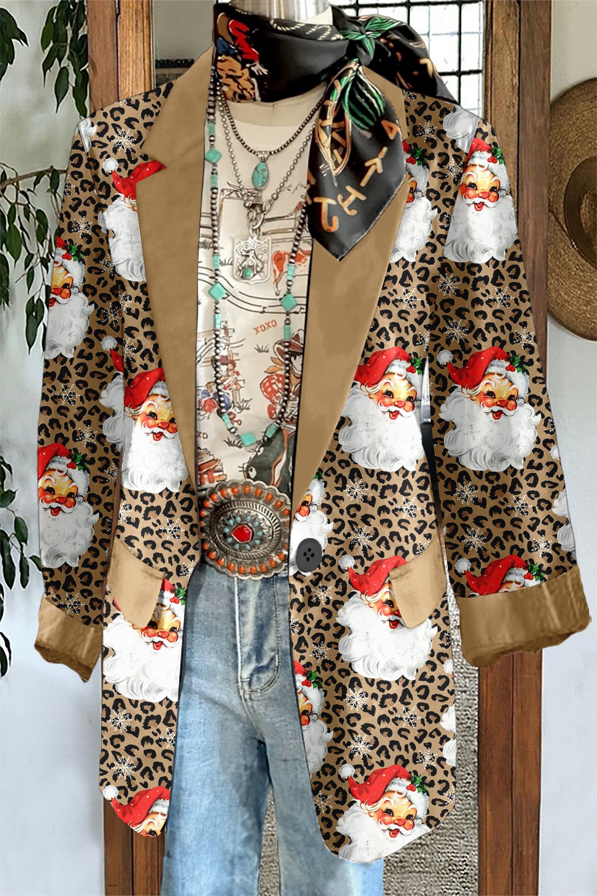 Classic Christmas Santa Print Long Sleeve Blazer