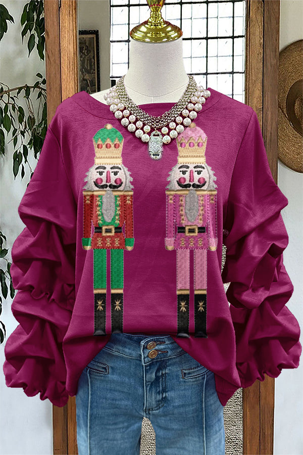 Cute Christmas Nutcracker Print Pleated Sweatshirt