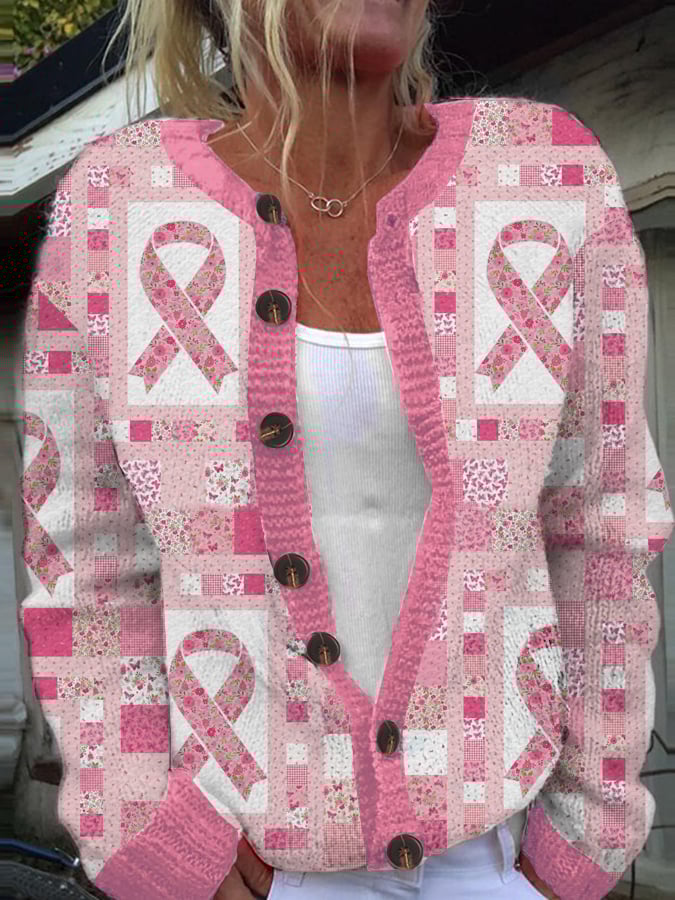 Women's Pink Breast Cancer Quilt Pattern Print Knit Cardigan