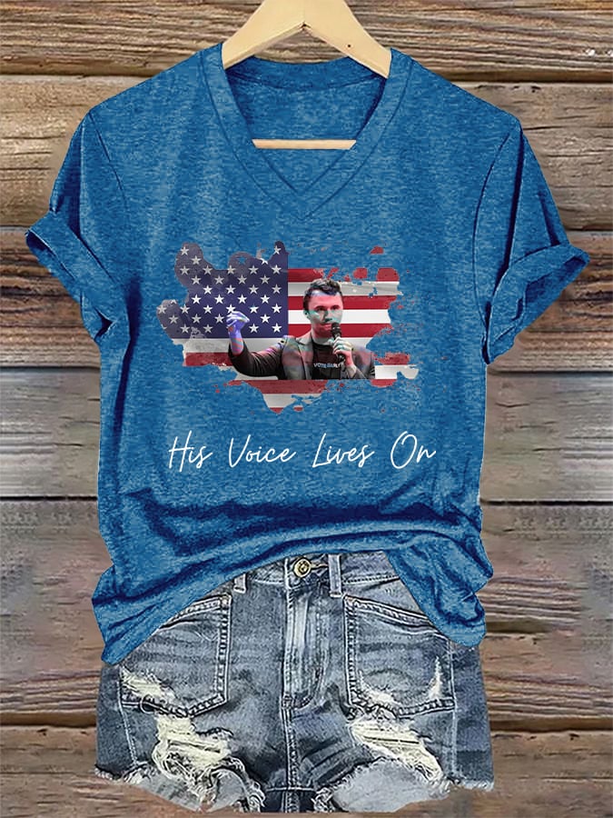 V-Neck Retro His Voice Lives On Print T-Shirt