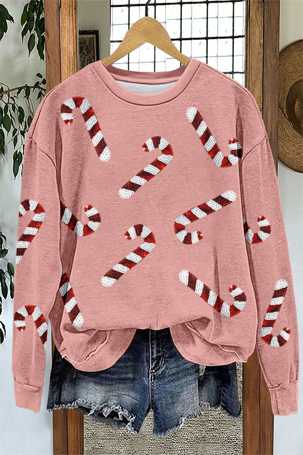 Shiny Christmas Candy Canes Print Sweatshirt