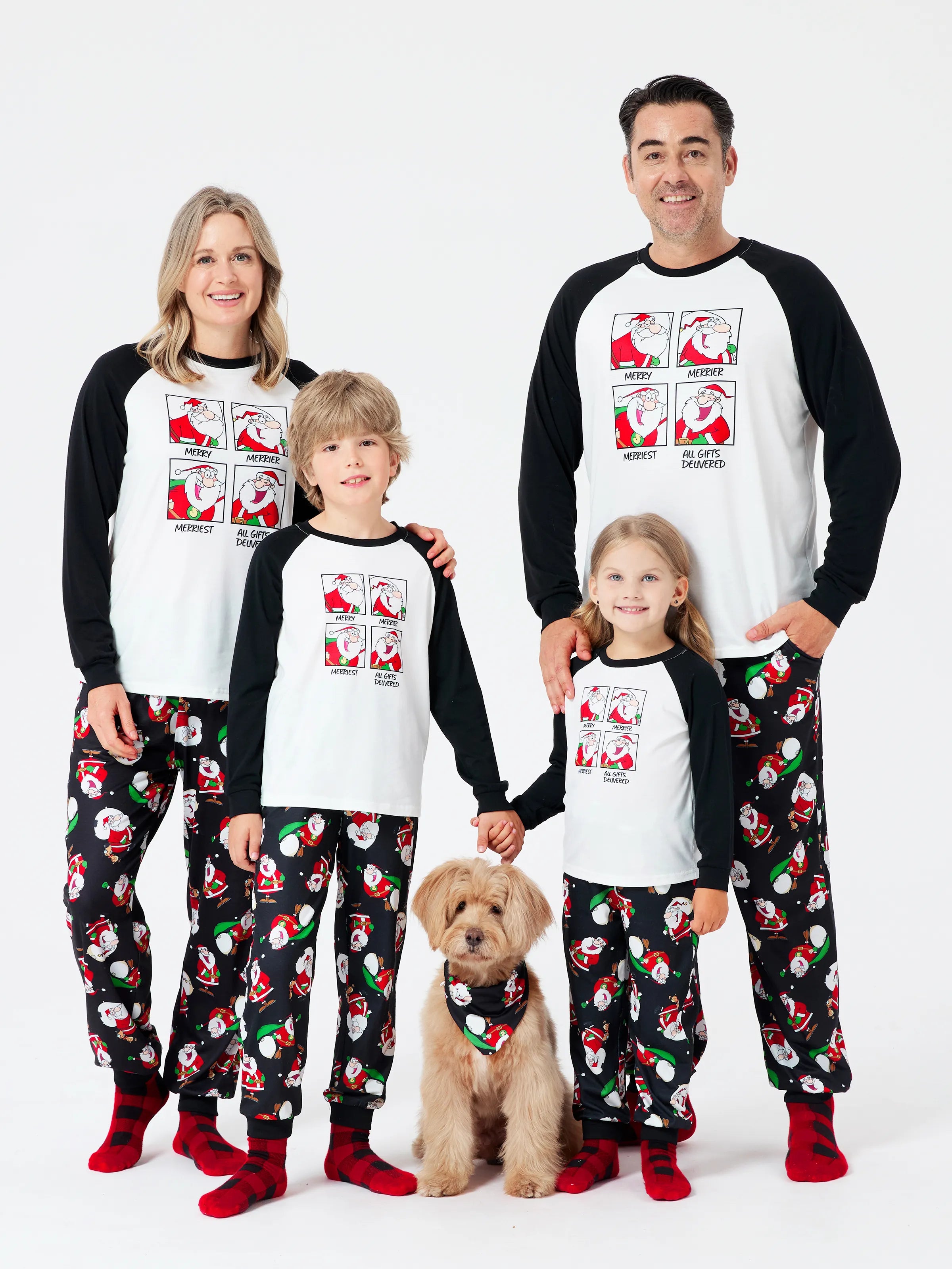 Christmas Matching Family Pajamas Set Christmas Santa Print Black and White PJS with Christmas Socks Black