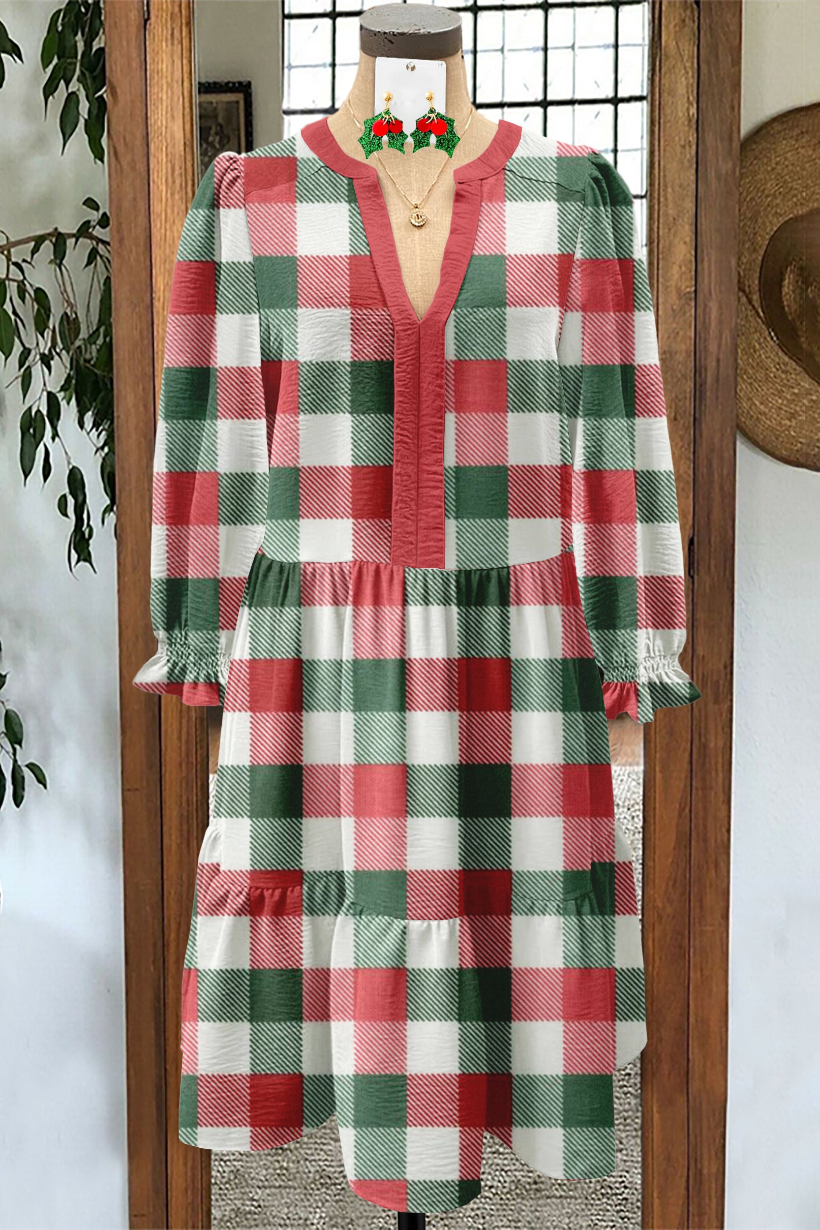 Christmas Plaid Print Textured Fabric Dress