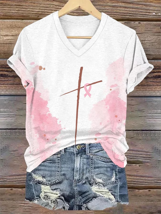 Women's Breast Cancer Faith Print Casual T-Shirt