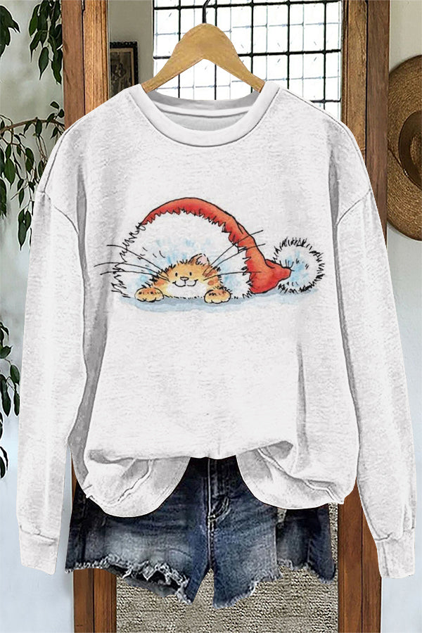 Cute Christmas Cat Print Sweatshirt