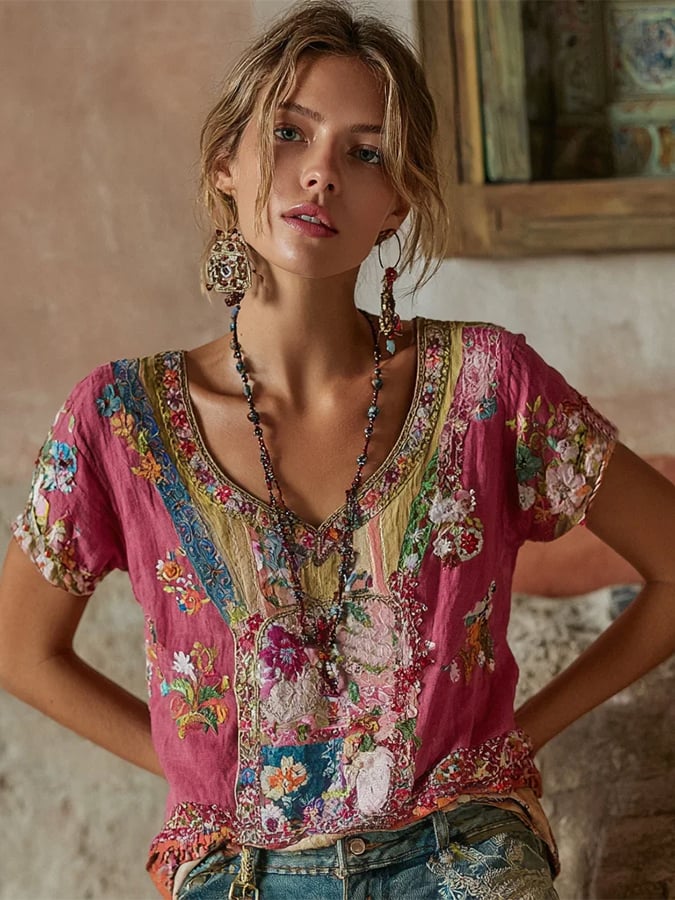 Women's Vintage Rose Patchwork Design Printed V-Neck T-Shirt