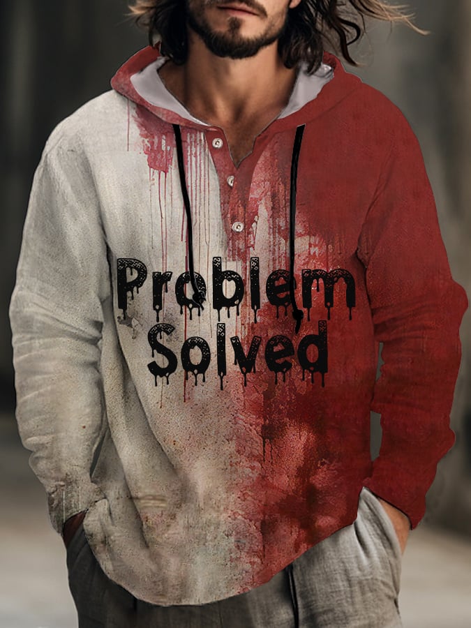 Men's Bloody Halloween Problem Solved Print Cotton And Linen Hooded Shirt