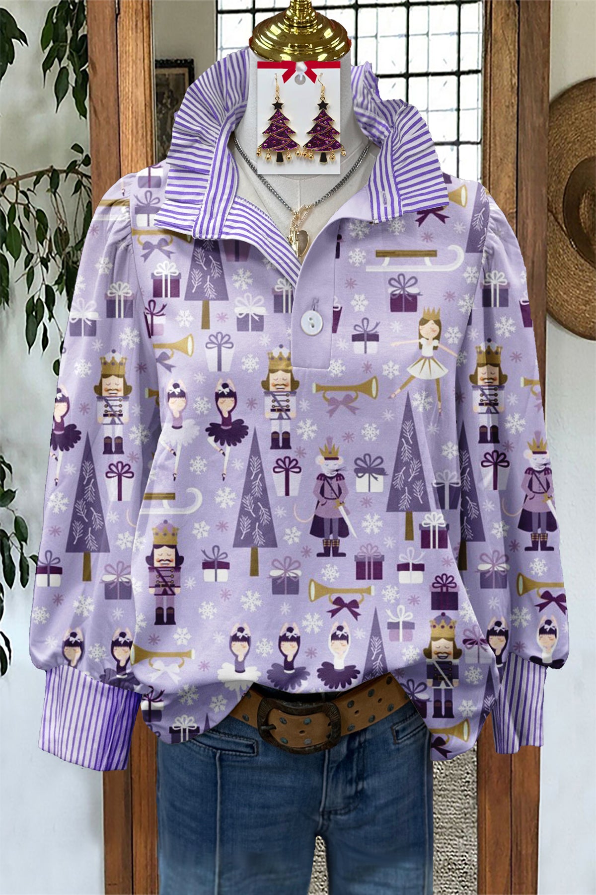 Fresh Nutcracker Print Stand Collar Blouse