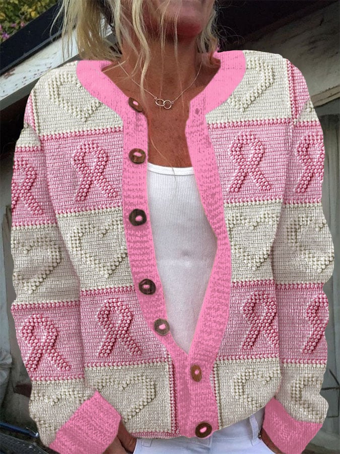 Women's Breast Cancer Print Knit Cardigan