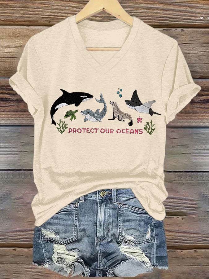 Women's Retro Protect Our Oceans Print T-Shirt