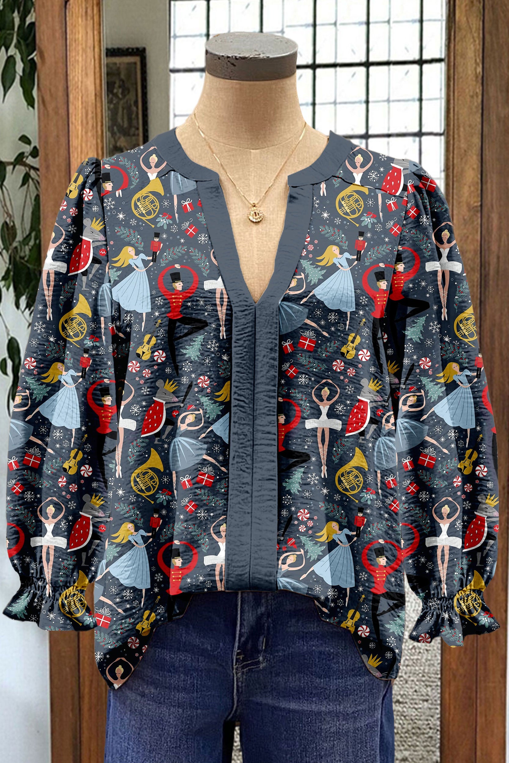 Christmas Nutcracker Ballet Print Contrast Panel V-neck Top