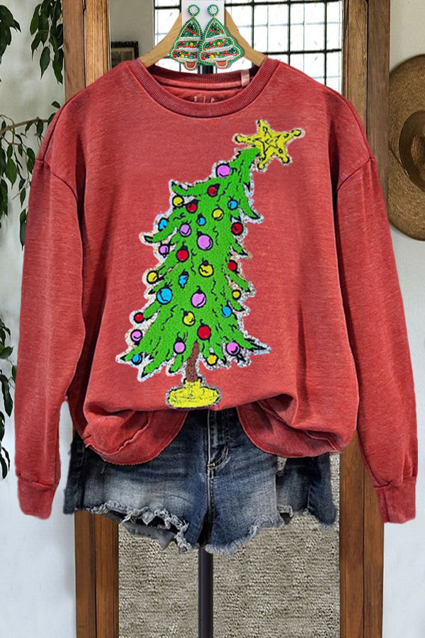 Retro Contrast Color Christmas Tree Sweatshirt