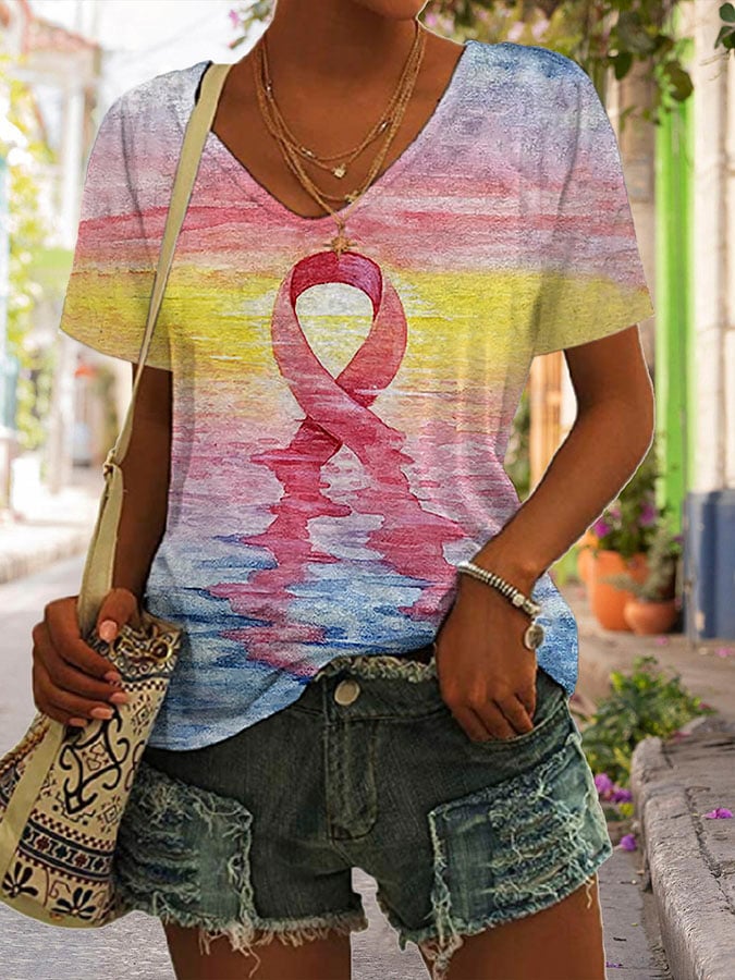 Women's Casual Pink Ribbon Breast Cancer Art Print Short Sleeve T-Shirt