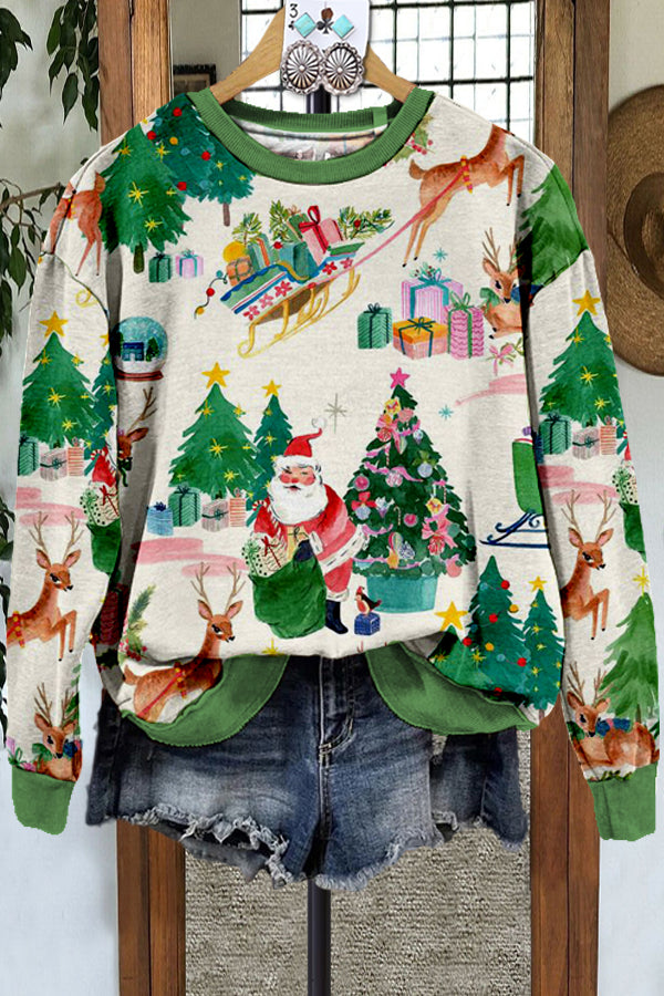 Classic Contrast Color Christmas Print Sweatshirt