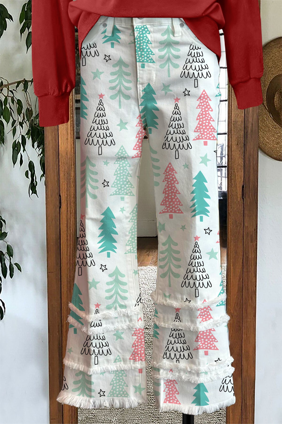 Fresh Christmas Tree Print Tassel Pants