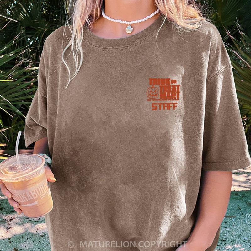 Maturelion Women's T-shirt Trick or Treat Mart Staff DTG Washed T-shirt