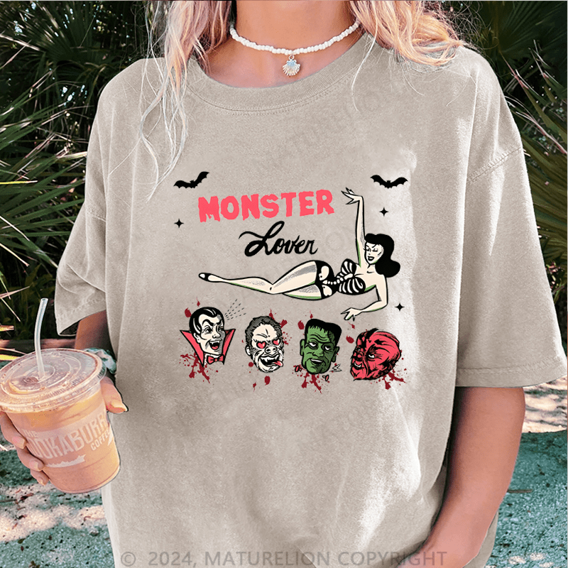 Maturelion Halloween Monster lover Halloween FUNNY  DTG Printing Washed Cotton T-Shirt