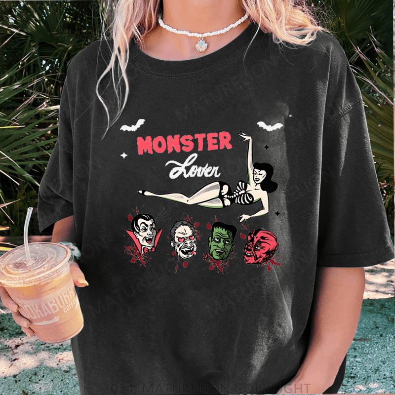 Maturelion Halloween Monster lover Halloween FUNNY  DTG Printing Washed Cotton T-Shirt