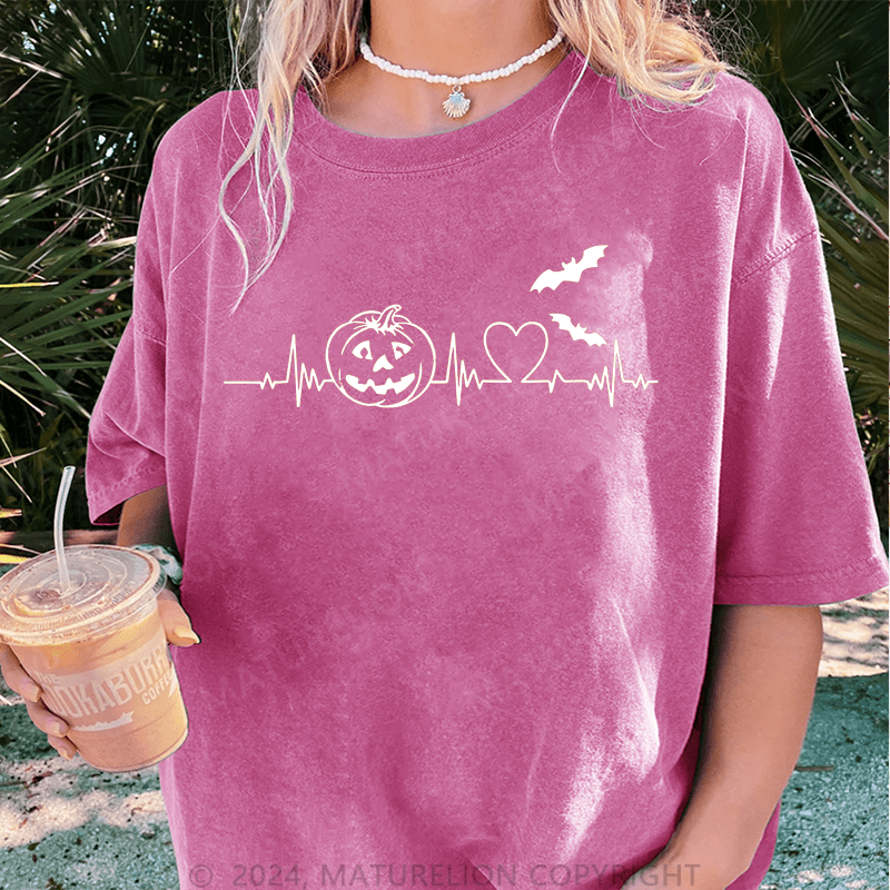 Maturelion Halloween Pumpkin Heartbeat Halloween DTG Printing Washed Cotton T-Shirt