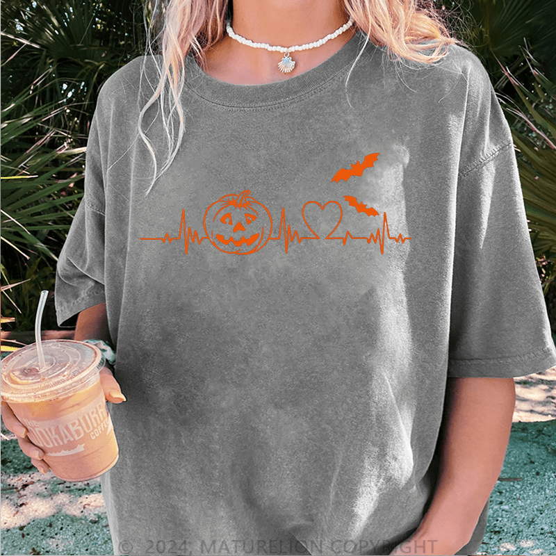 Maturelion Halloween Pumpkin Heartbeat Halloween DTG Printing Washed Cotton T-Shirt