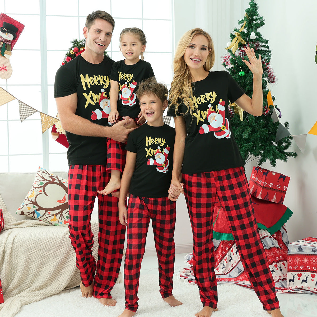 Red Plaid Matching Family Christmas Pajamas-Short Sleeves