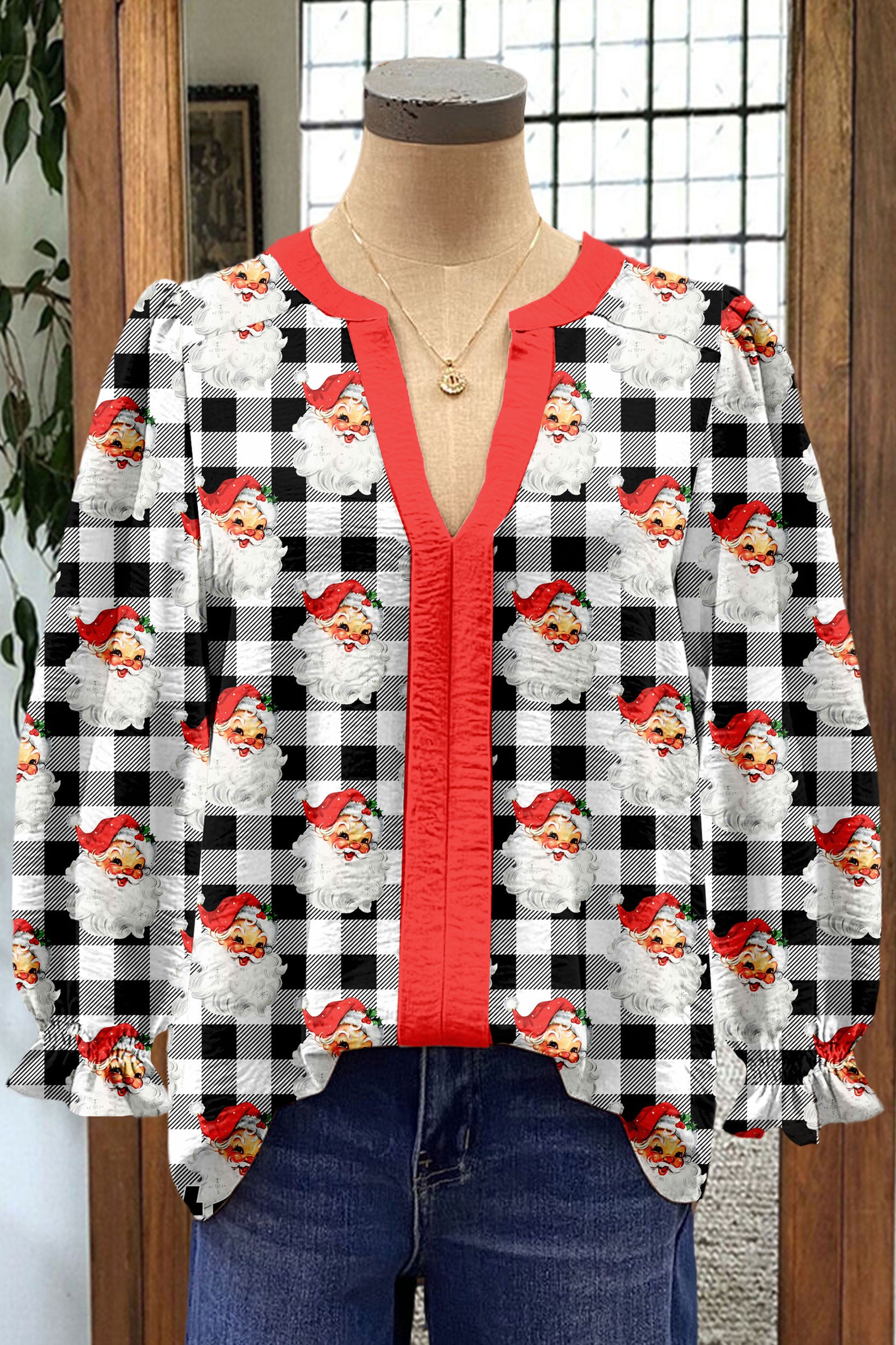 Cute Santa Plaid Print Contrast Panel V-neck Top