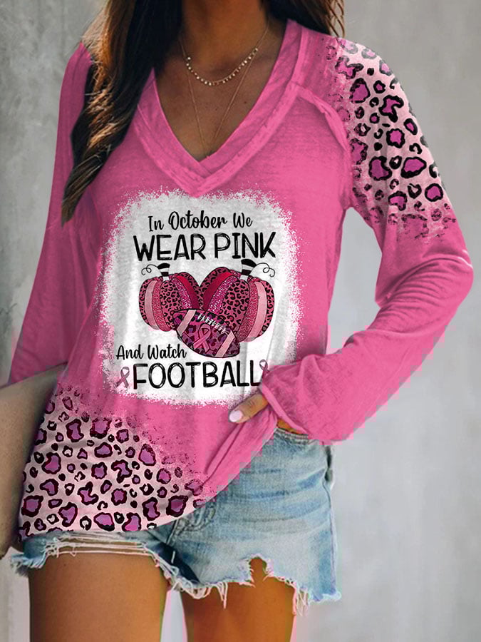 Leopard In October We Wear Pink And Watch Football Print Long Sleeve T-Shirt