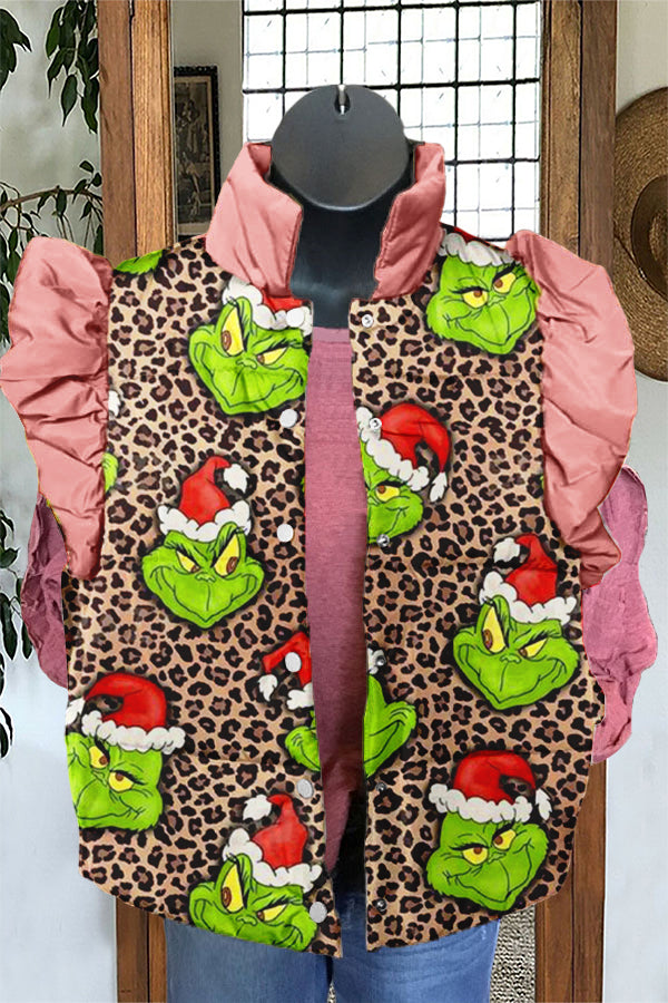 Sweet Christmas Grinch Leopard Print Ruffle Vest