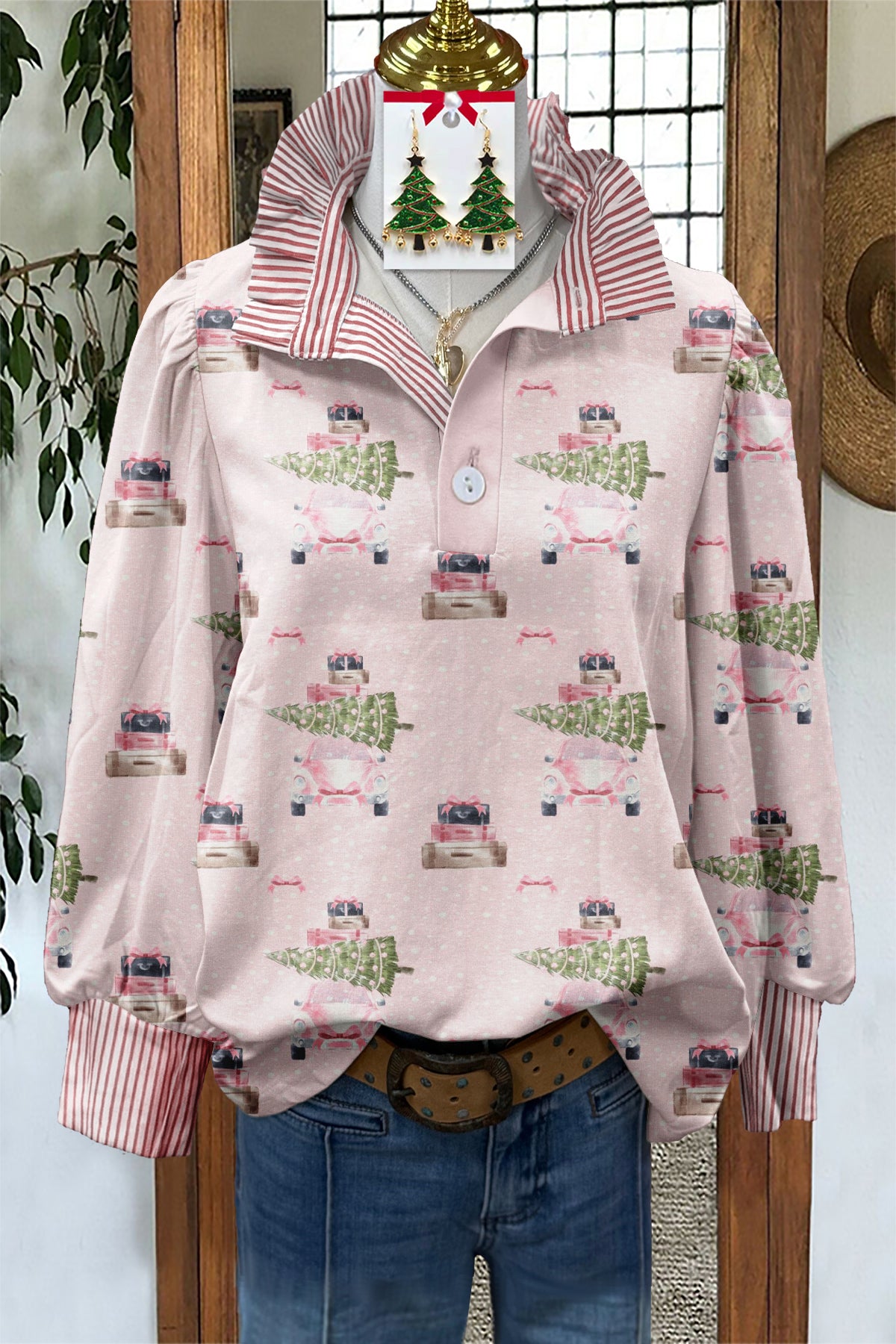 Sweet Christmas Car Print Stand Collar Blouse