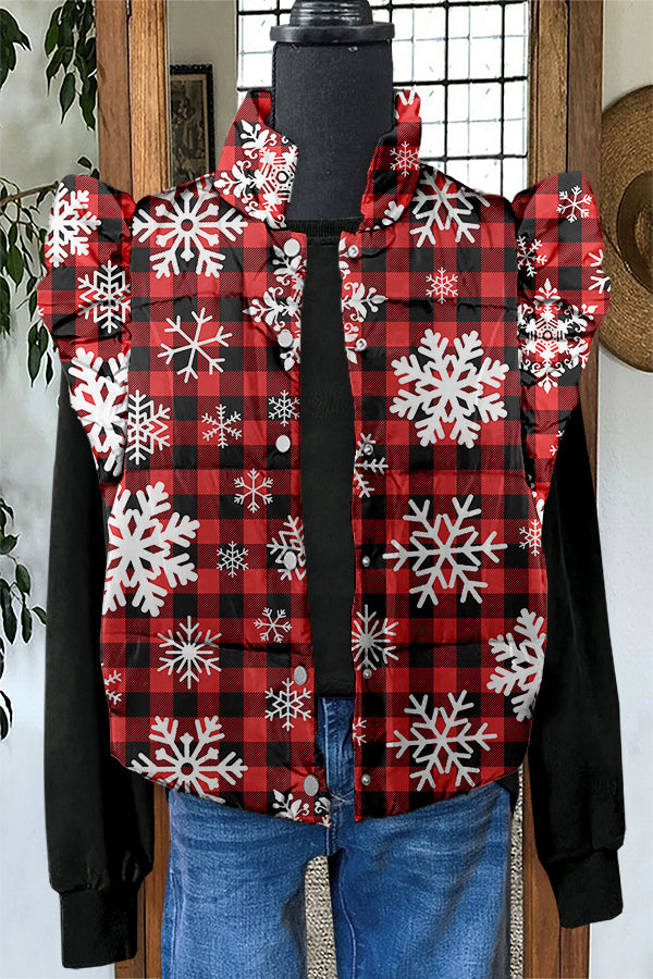 Christmas Red Plaid Snowflakes Print Ruffle Vest