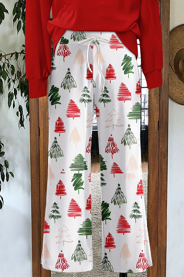 Vintage Christmas Tree Print Wide Leg Trousers