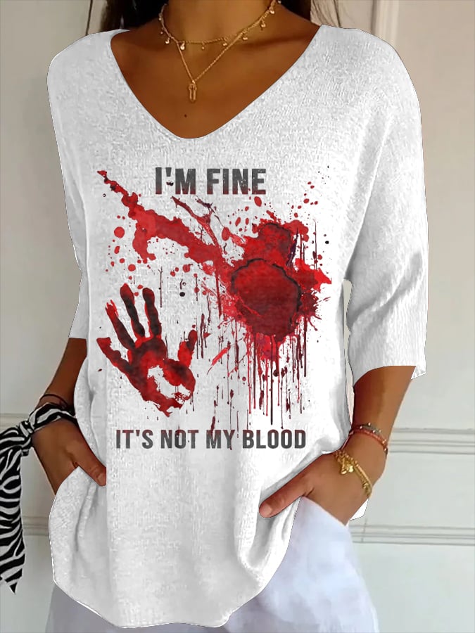Women's blood-printed pit strip fabric casual V-neck T-shirt