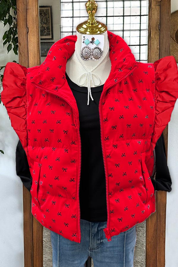 Bow Print Quilted Cotton Ruffled Sleeves Vest