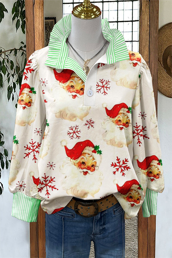 Cute Christmas Santa Claus Print Puff Sleeve Blouse