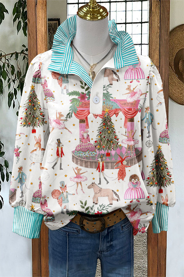 Sweet Christmas Nutcracker Print Puff Sleeve Blouse
