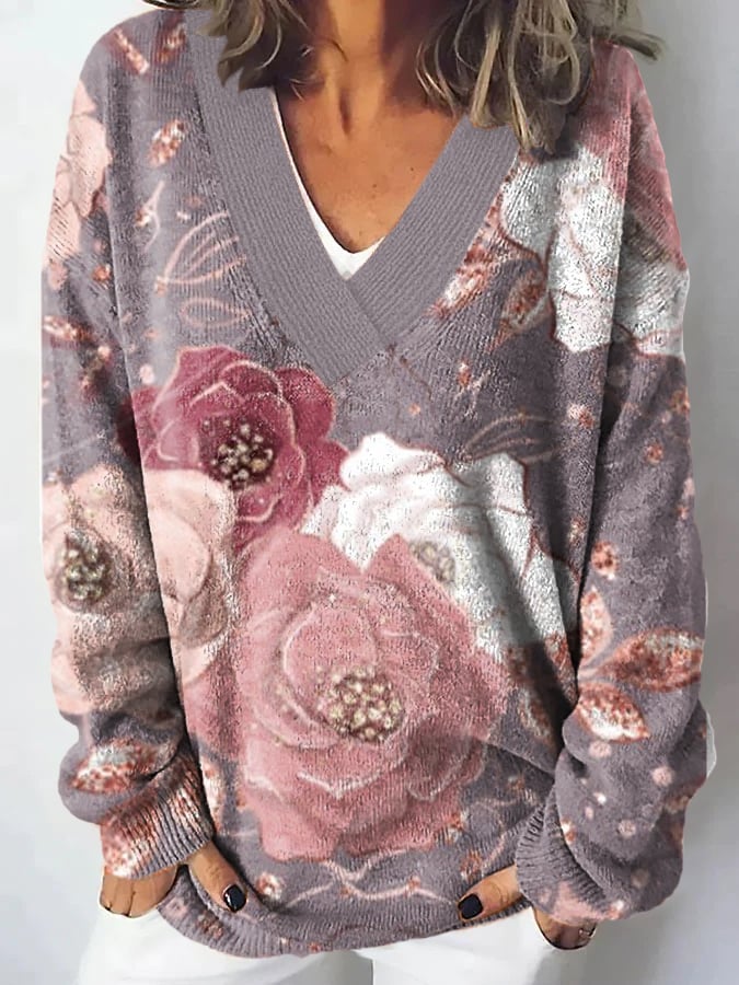 Women's Breast Cancer Flower Print V-Neck Sweater