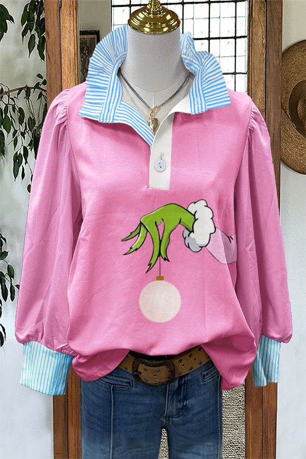Sweet Christmas Grinch Print Puff Sleeve Blouse
