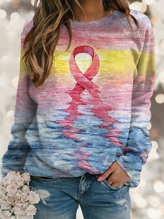 Women's Pink Ribbon Breast Cancer Art Print Long Sleeve Sweatshirt