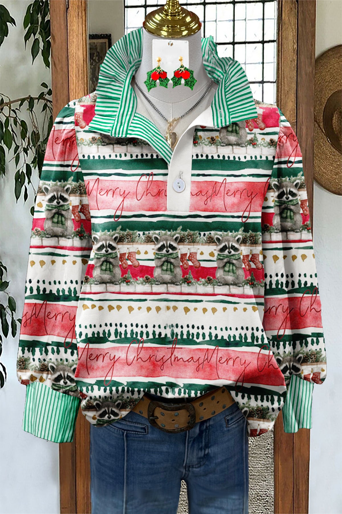 Christmas Raccoon Striped Graphic Print Top